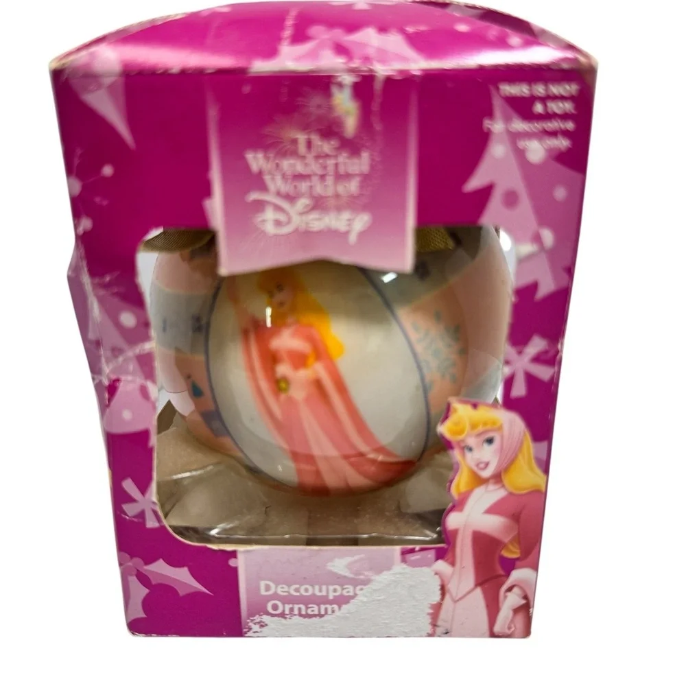 Disney Sleeping Beauty Aurora Decoupage Christmas Ornament Pink Gold Bow 2005